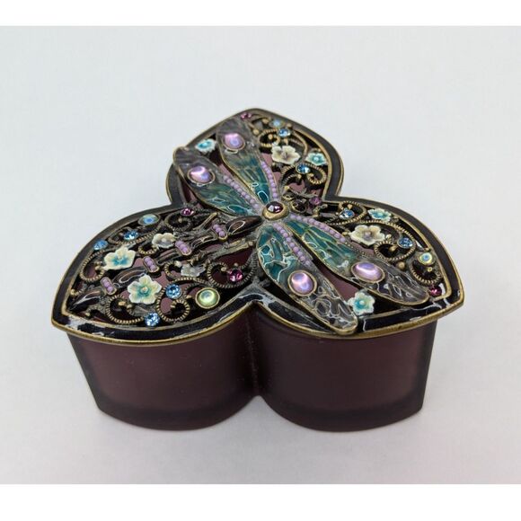 Dragonfly Glass Trinket Jewelry Box Enamel Crystal Lid Purple Fairy Keepsake - Picture 5 of 8